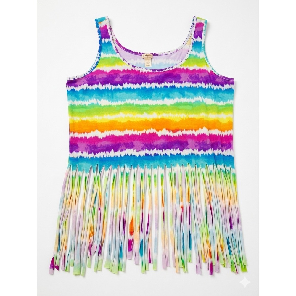 NYC Womens 2X Rainbow Tie Dye Fringe Tank Top Sleeveless Festival Pride Boho